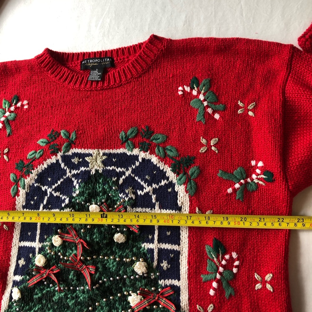 VTG Metropolitan 10001 Red Ugly Christmas Pullover Sweater Rosettes & Ribbons L - Picture 9 of 14